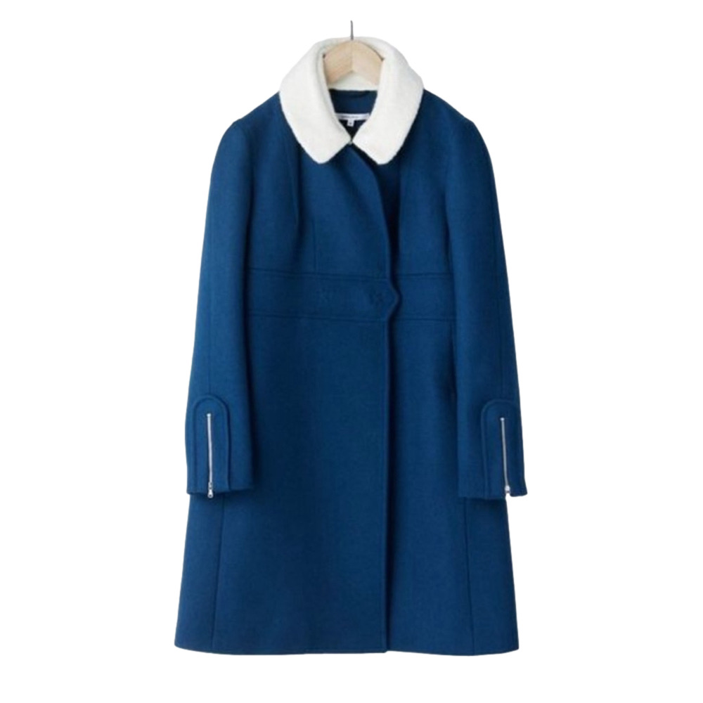 Carven Wool Cashmere Coat Teal Blue with White Collar Size 40 Vintage inspired